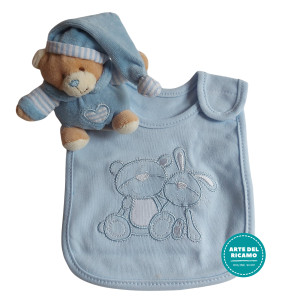 Teddy Bear with Baby Bib  - Light Blue